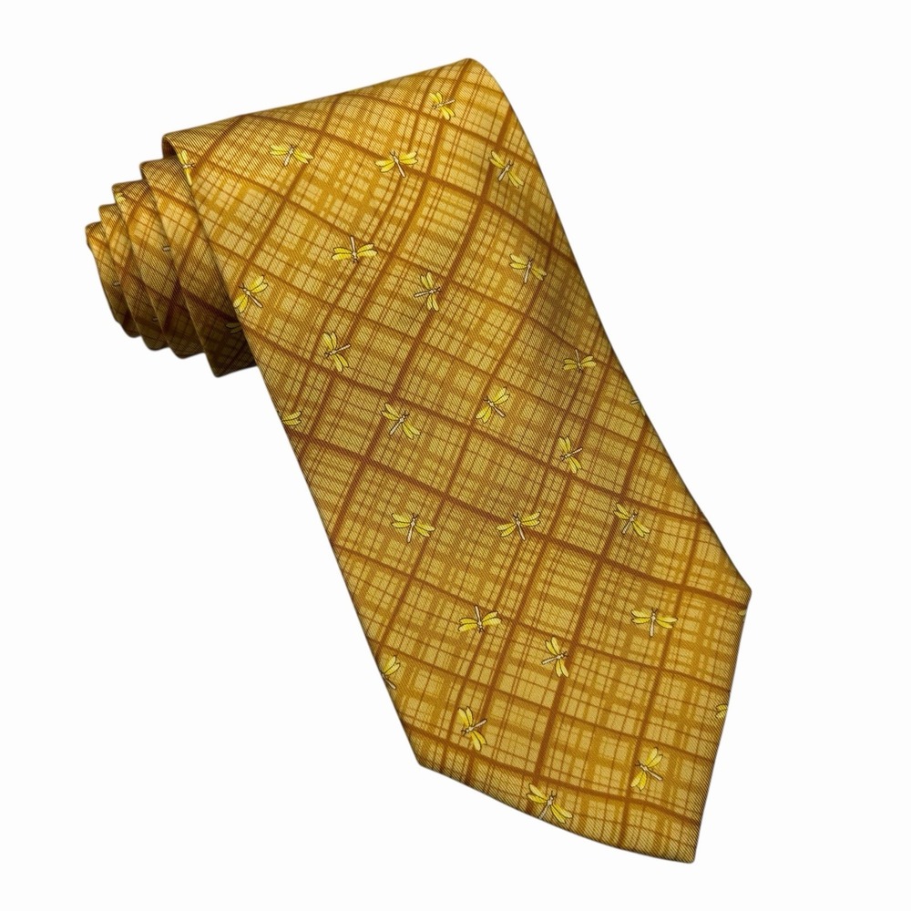 Salvatore Ferragamo Men's Tie Dragonflies Gold Silk 3 5/8" (W) x 59.25" (L) guc - Picture 2 of 5